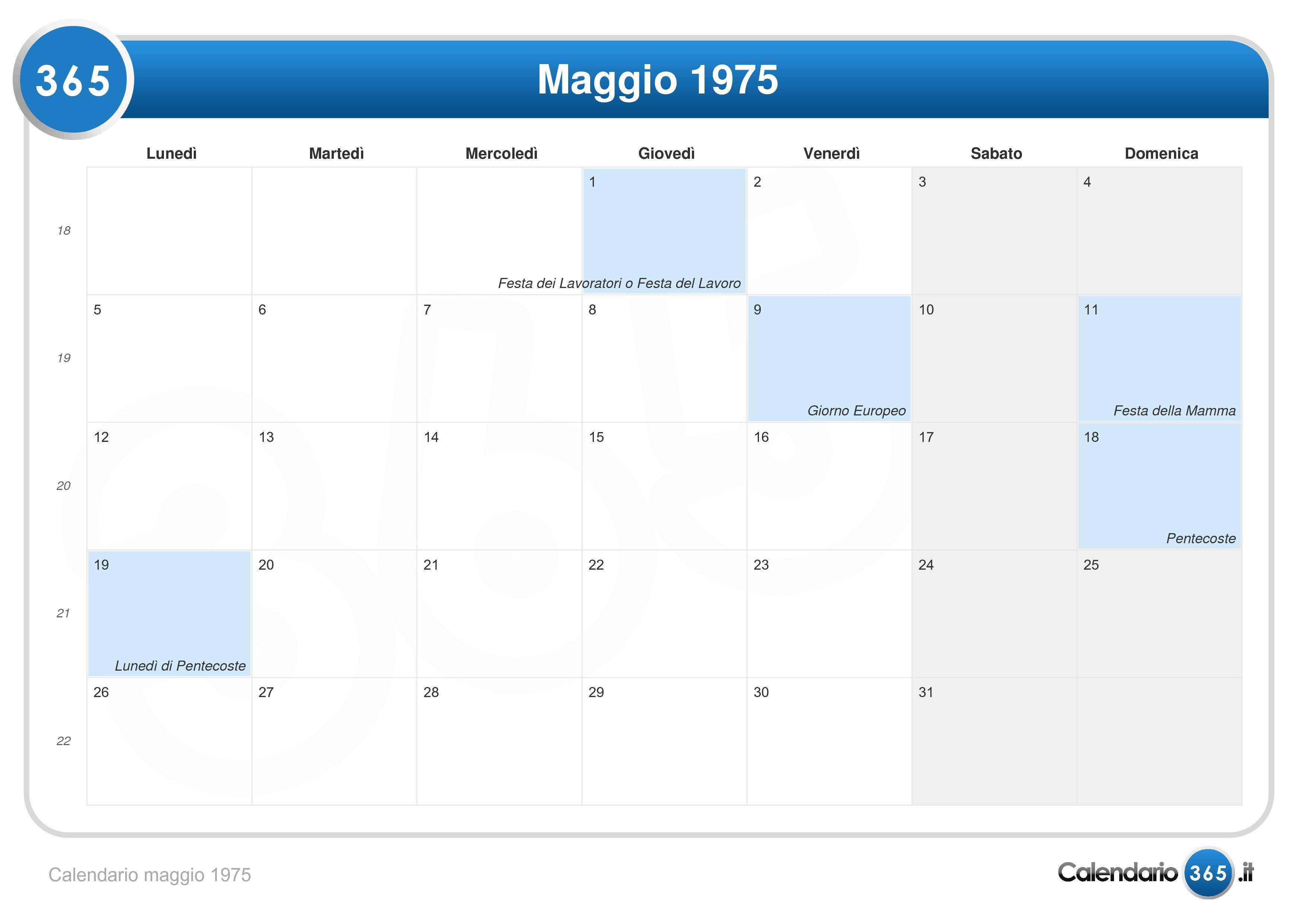 Calendario maggio 1975