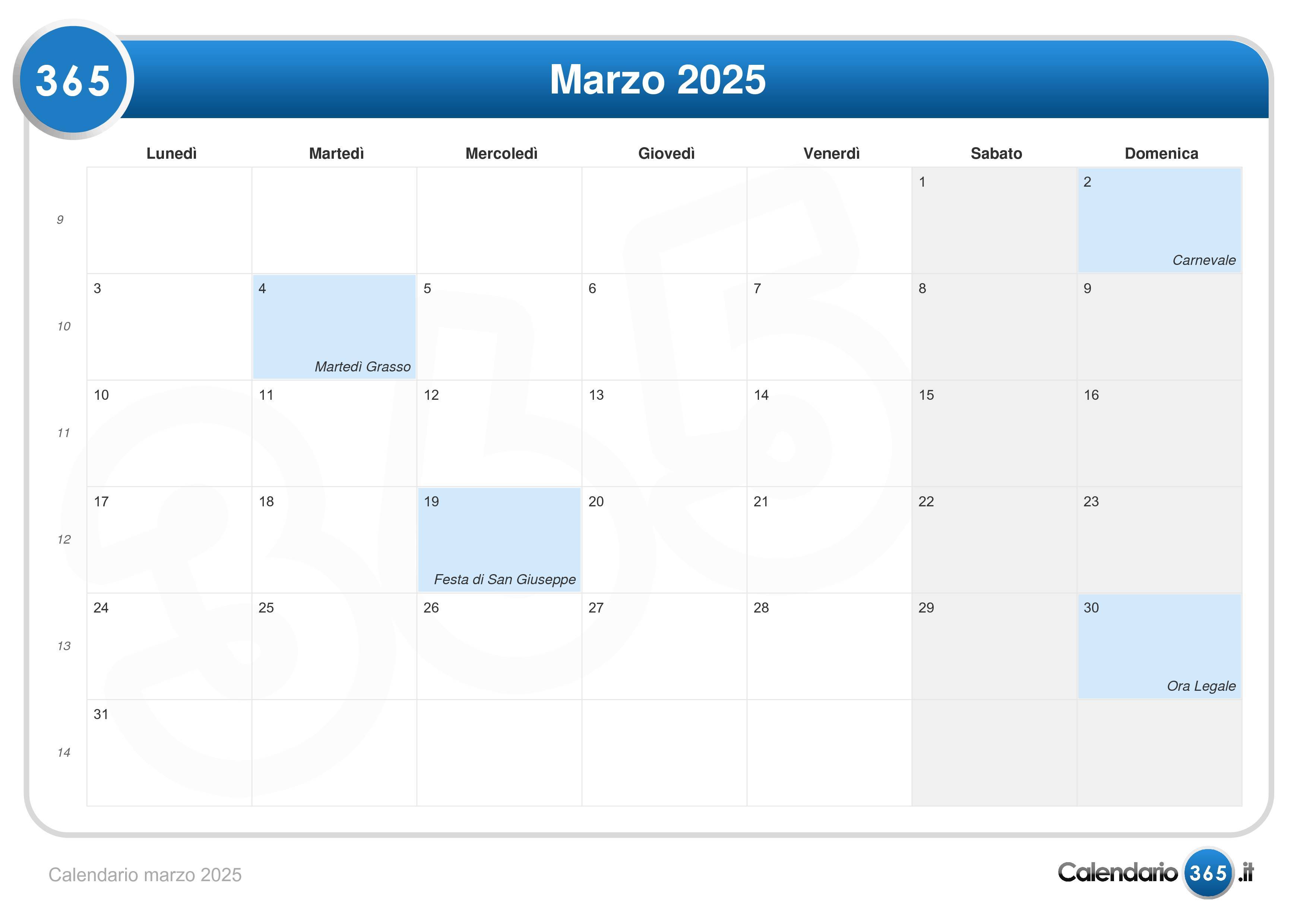 Calendario marzo 2025