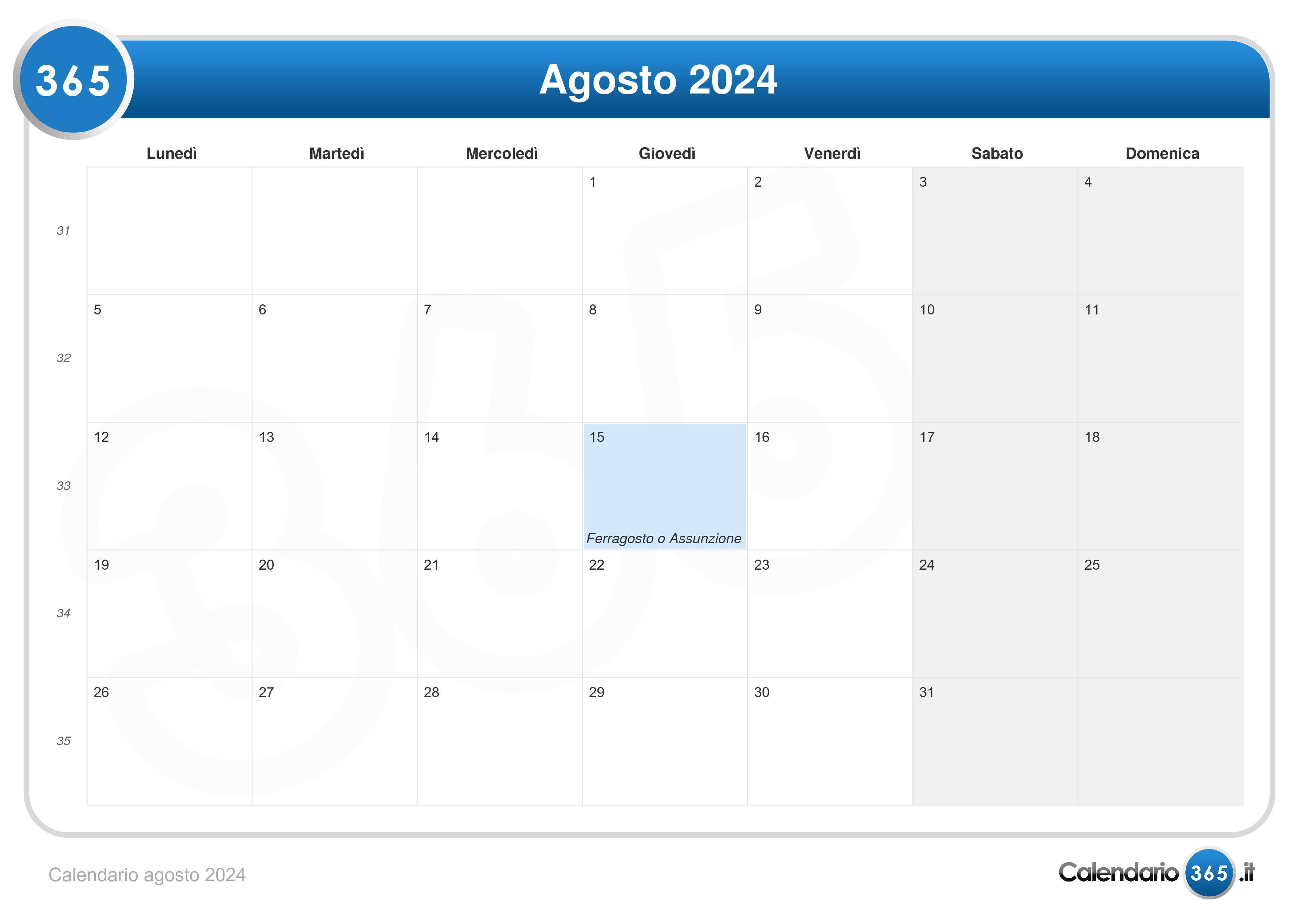 Calendario agosto 2024