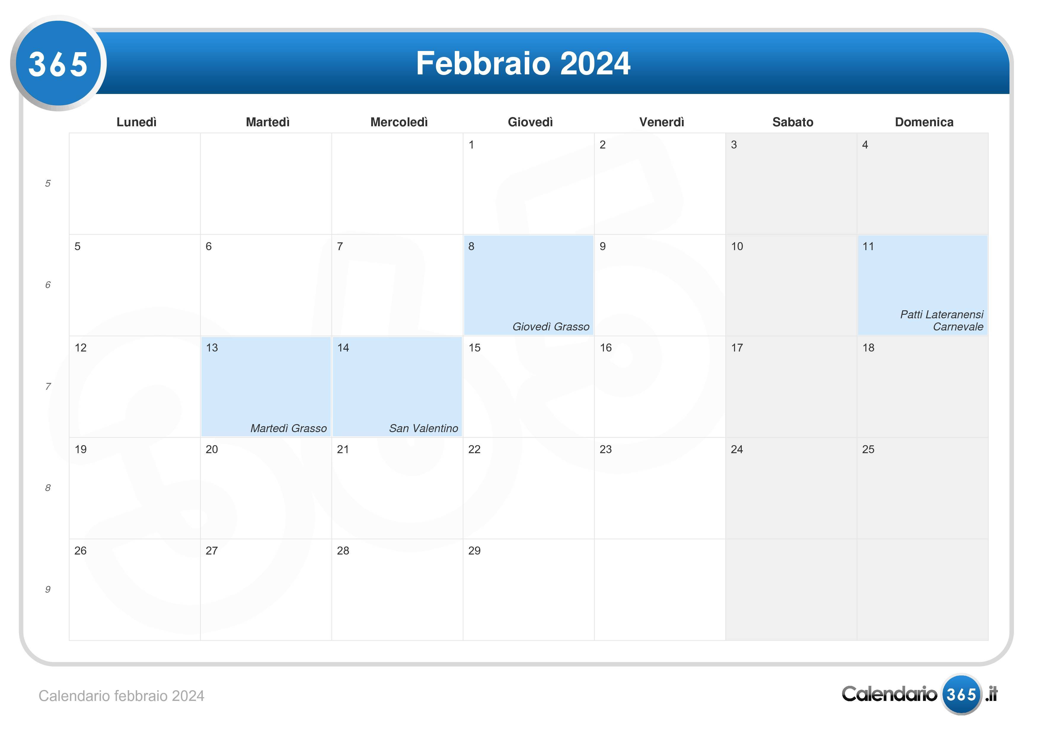 Calendario febbraio 2024