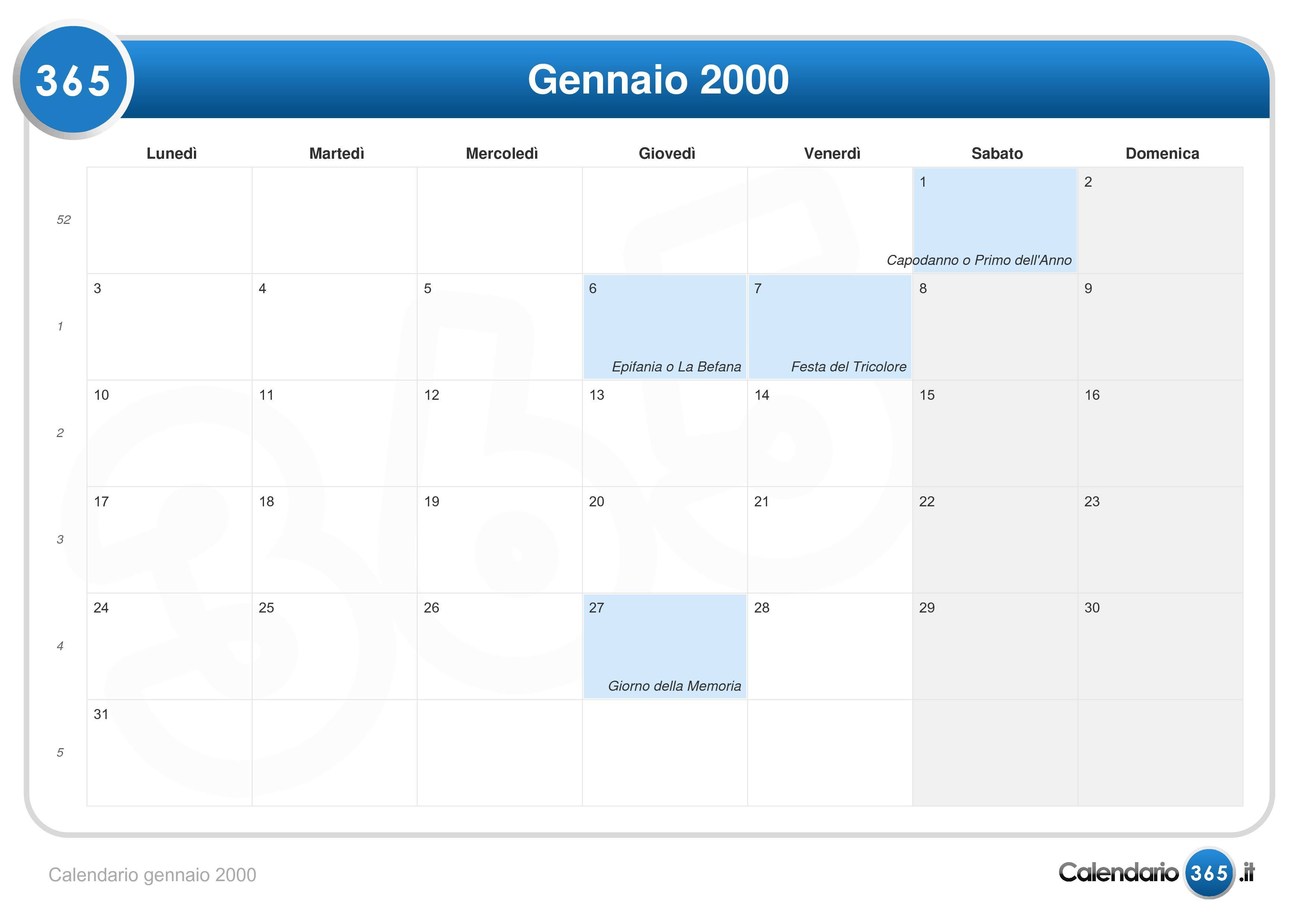 Calendario gennaio 2000