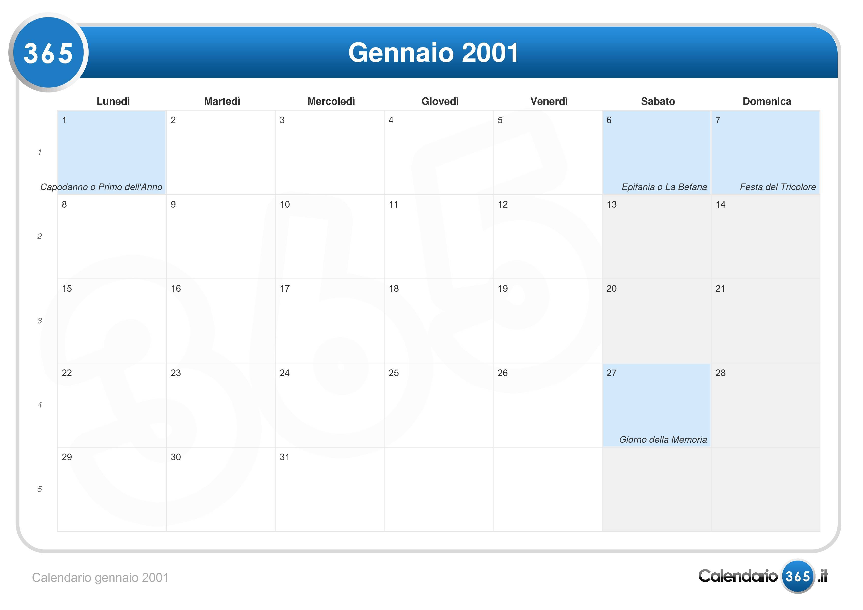 Calendario Gennaio 2001 calendario 2001 gennaio