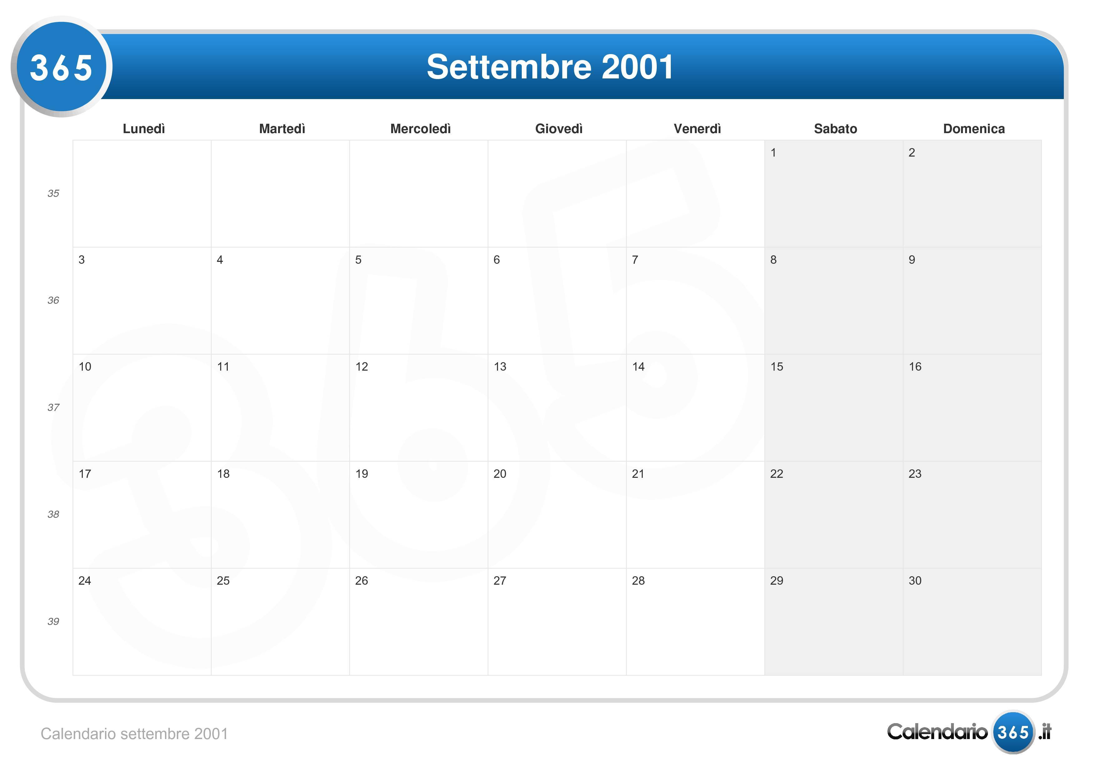 Calendario Settembre 2001